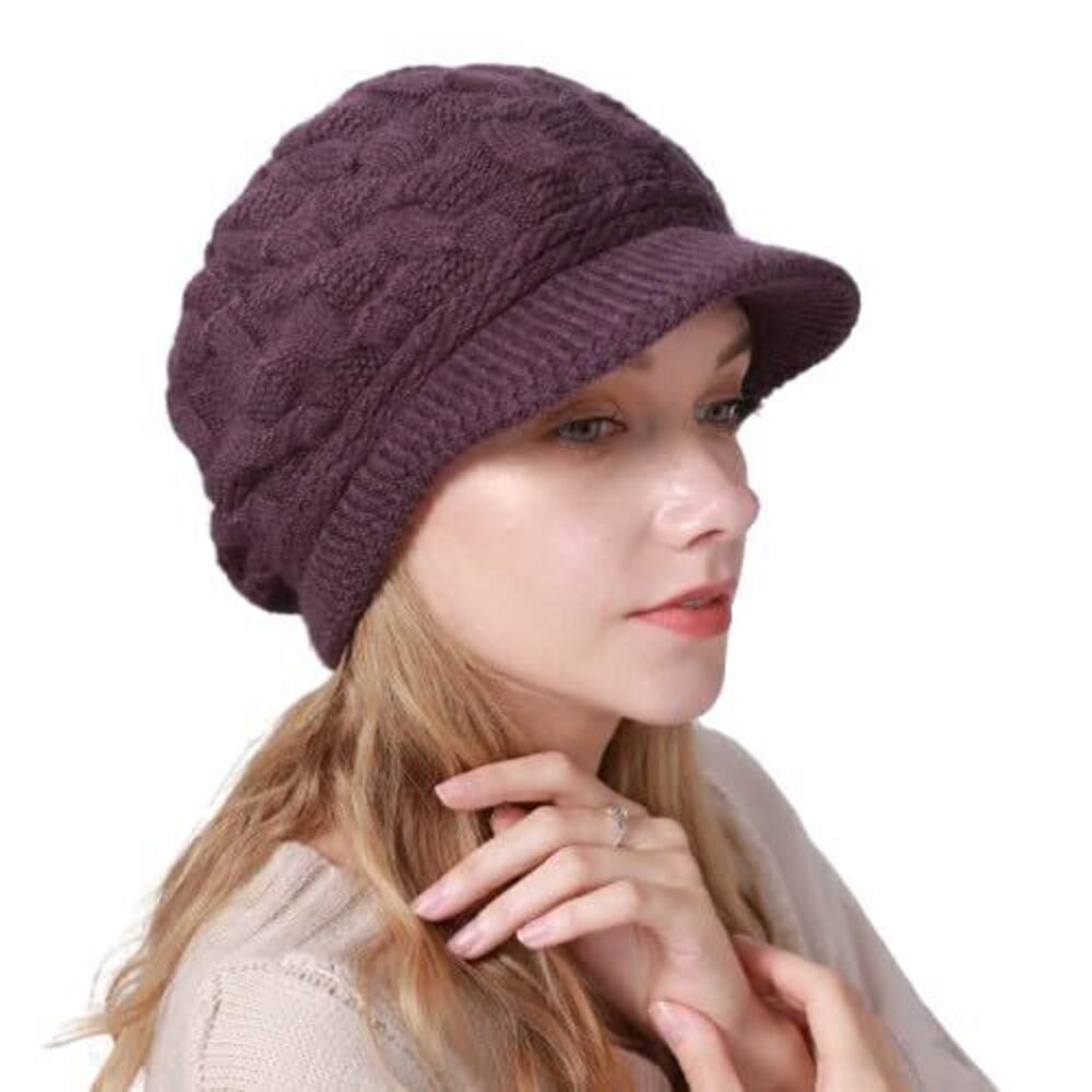 7582 Winter Knitted Hat, Soft Stretchy Lining Beanie with Visor Brim
